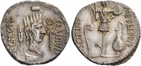 Q. Metellus Pius Scipio with P. Licinius Crassus. Denarius, Africa 47-46, AR 3.90 g. CRASS·IVN – LEG·PRO·PR Turreted female head r.; above and below r...