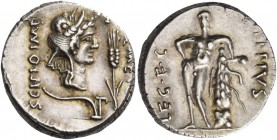 Q. Metellus Scipio and Eppius Legatus. Denarius, Africa 47-46, AR 3.76 g. Q·ME[TELL] – SCIPIO·IMP Laureate head of Africa r., wearing elephant skin; i...