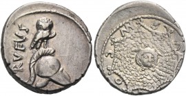 Mn. Cordius Rufus. Denarius 46, AR 4.28 g. RVFVS Owl perched on Corinthian helmet r. Rev. MN CO[RDI]VS Aegis decorated with head of Medusa. Babelon Co...