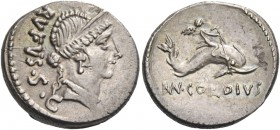 Mn. Cordius Rufus. Denarius 46, AR 4.00 g. RVFVS·S·C· Diademed head of Venus r. Rev. Cupid on dolphin r.; below, MN.CORDIVS. Babelon Cordia 3. Sydenha...
