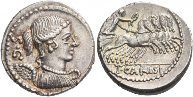 T. Carisius. Denarius 46, AR 3.99 g. Draped bust of Victory r.; behind, S·C. Rev...