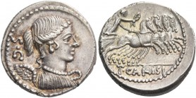 T. Carisius. Denarius 46, AR 3.99 g. Draped bust of Victory r.; behind, S·C. Rev. Victory in prancing quadriga r., holding reins and wreath; in exergu...