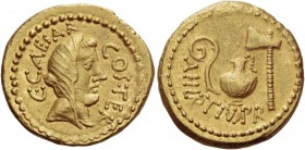 Iulius Caesar and A. Hirtius Praetor. Aureus 46, AV 8.03 g. C·CAESAR – COS TER Veiled head of Vesta r. Rev. A·HIRTIVS·PR Lituus, jug and axe. C 2. Bab...