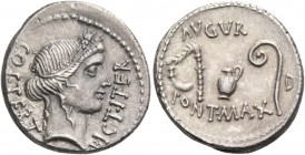 Iulius Caesar. Denarius, Sicily (?) 46, AR 3.76 g. COS·TERT – DICT·ITER Head of Ceres r., wearing wreath of barley. Rev. AVGVR Culullus, aspergillum, ...