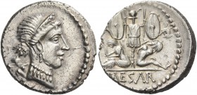 Iulius Caesar. Denarius, Spain 46-45, AR 4.07 g. Diademed head of Venus r.; behind, Cupid. Rev. Two captives seated at sides of trophy with oval shiel...