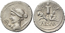 Iulius Caesar. Denarius, Spain 46-45, AR 3.95 g. Diademed and draped bust of Venus l., with star in hair and Cupid perched on shoulder. In l. field, l...