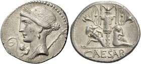 Iulius Caesar. Denarius, Spain 46-45, AR 3.97 g. Diademed and draped bust of Venus l., with star in hair and Cupid perched on shoulder. In l. field, l...
