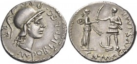 Cn. Pompeius Magnus and M. Poblicius. Denarius, Spain 46-45, AR 3.91 g. M·POBLICI·LEG Helmeted head of Roma r.; behind, PRO – PR. Rev. CN·MAGNVS·IMP F...