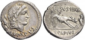 L. Papius Celsus. Denarius 45, AR 4.05 g. Laureate head of Triumphus r. with trophy over shoulder; below TRIVMPVS. Rev. CELSVS·III·VIR Wolf r., placin...