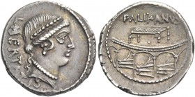Lollius Palikanus. Denarius 45, AR 4.10 g. LIBERTATIS Diademed head of Libertas r. Rev. PALIKANVS Rostra on which stands subsellium. Babelon Lollia 2....