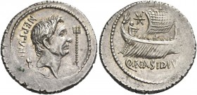 Sextus Pompeius and Q. Nasidius. Denarius, Sicily circa 42 to 38, AR 3.91 g. NEPTVNI Head of Cn. Pompeius Magnus r.; below head, dolphin and in r. fie...