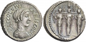 P. Accoleius Lariscolus. Denarius 41, AR 3.68 g. P.ACCOLEIVS – LARISCOLVS Draped bust of Diana Nemorensis r. Rev. Triple cult statue of Diana Nemorens...