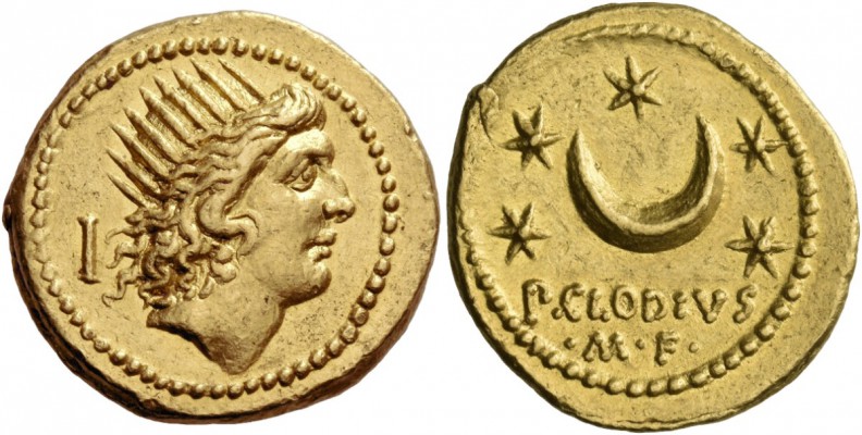 P. Clodius M.f. Turrinus. Aureus 42, AV 8.19 g. Radiate head of Sol r.; behind, ...