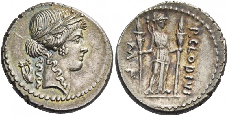 P. Clodius M. f. Turinus. Denarius 42, AR 4.17 g. Laureate head of Apollo r.; be...