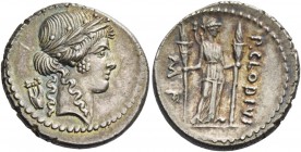 P. Clodius M. f. Turinus. Denarius 42, AR 4.17 g. Laureate head of Apollo r.; behind, lyre. Rev. P.CLODIVS – ·M·F Diana standing facing, with bow and ...