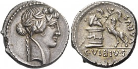 C. Vibius Varus. Denarius 42, AR 4.02 g. Head of Liber r., wearing ivy-wreath. Rev. VARVS Panther l. springing up towards garlanded altar on which res...