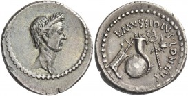 L. Musidius Longus. Denarius 42, AR 4.07 g. Laureate head of Caesar r. Rev. L·MVSSIDIVS·LONGVS Rudder, cornucopiae on globe, caduceus and apex. Babelo...
