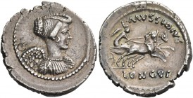 L. Mussidius Longus. Denarius 42, AR 4.06 g. Draped bust of Victory r. Rev. L·MVSSIDIVS Victory in prancing biga r.; below, LONGVS. Babelon Mussidia 4...