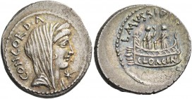 L. Mussidius Longus. Denarius 42, AR 3.60 g. CONCORDIA Diademed and veiled bust of Concordia r.; below chin, star. Rev. L·MVSSIDIV[S·LONGVS] Shrine of...
