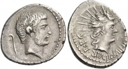 Marcus Antonius. Denarius, castrensis moneta in Italy (?) 42, AR 3.84 g. Head of Marcus Antonius r. with light beard; behind, lituus. Rev. [M ANT]ONIV...