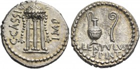 C. Cassius and Lentulus Spint. Denarius, mint moving with Brutus and Cassius 43-42, AR 3.56 g. C· – CASSI·IMP Tripod with cortina, decorated with two ...