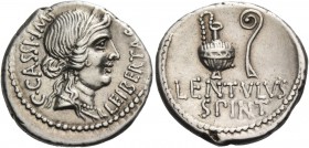 C. Cassius Longinus with Lentulus Spinther. Denarius, mint moving with Brutus and Cassius 43-42, AR 3.83 g. C·CASSI·IMP – LEIBERTAS Diademed head of L...