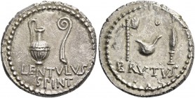 Q. Caepio Brutus and Lentulus Spint. Denarius, mint moving with Brutus and Cassius 43-42, AR 3.93 g. BRVTVS Axe, culullus and knife r. Rev. Jug and li...