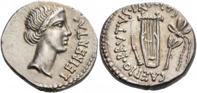Q. Junius M. Caepio Brutus. Denarius, mint moving with Brutus 43-42, AR 4.19 g. LEIBERTAS Head of Libertas r. Rev. CAEPIO·BRVTVS·PRO·COS Plectrum, lyr...