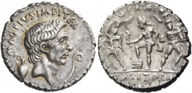 Sextus Pompeius. Denarius, Sicily circa 42-40, AR 3.80 g. MAG – PIVS – IMP – ITER Head of Cn. Pompeius Magnus r.; behind, jug and before, lituus. Rev....