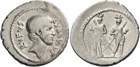 L. Servius Rufus. Denarius 43, AR 3.59 g. L·SERVIVS – RVFVS Male head (Brutus) r. Rev. Dioscuri standing facing, both holding spears and with swords h...