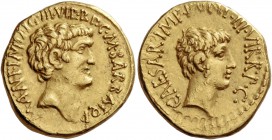 Marcus Antonius and C. Caesar Octavianus with M. Barbatius. Aureus, mint moving with M. Antonius 41, 8.01 g. M·ANT·IMP·AVG·III·VIR·R·P·C·M·BARBAT·Q·P ...