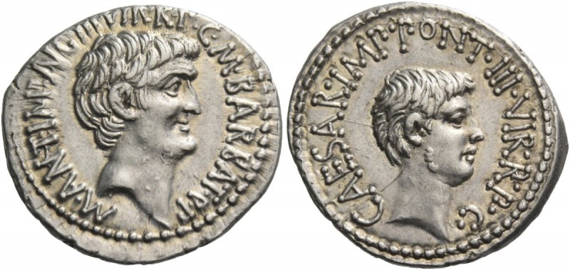 Marcus Antonius and C. Caesar Octavianus with M. Barbatius. Denarius, mint movin...