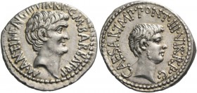 Marcus Antonius and C. Caesar Octavianus with M. Barbatius. Denarius, mint moving with M. Antony 41, AR 3.84 g. M·ANT·IMP·AVG·III·VIR·R·P·C·M BARBAT ·...