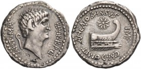 Marcus Antonius and Cn. Domitius Ahenobarbus. Denarius, mint moving with M. Antonius 40, AR 3.81 g. ANT·IMP·AVG III VIR·R·P·C Head of M. Antony r.; be...