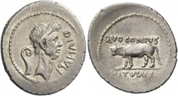 Q. Voconius Vitulus. Denarius 40? or later, AR 3.99 g. DIVI IVLI Laureate head of J. Caesar r.; behind, simpulum. Rev. Q·VOCONIVS Calf walking l.; in ...