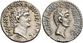 Octavianus and Marcus Antonius. Denarius, mint moving with Octavian 39, AR 3.81 g. M·ANTON·IMP· III VIR·R·P·C Head of M. Antonius r.; below, star. Rev...