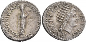 Marcus Antonius. Denarius, mint moving with M. Antonius in 38, AR 3.78 g. M·ANTONIVS·M·F - M·N·AVGVR· IMP·TER· M. Antonius, veiled and togate, standin...