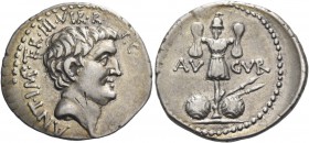 Marcus Antonius. Denarius, mint moving with M. Antonius, AR 3.97 g. ANT·IMP·TER·III·VIR·R· – P·C· Bare head r. Rev. Military trophy holding two oblong...