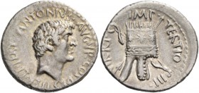 Marcus Antonius. Denarius, mint moving with M. Antony 36, AR 3.73 g. ANTONIVS·AVGVR·COS·DES ·ITER·ET·TERT Head of. M. Antony r. Rev. IMP· – TERTIO·III...