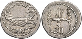 Marcus Antonius. Denarius, mint moving with M. Antony 32-31, AR 3.55 g. ANT AVG – III·VIR·R·P·C Galley r., with sceptre tied with fillet on prow. Rev....