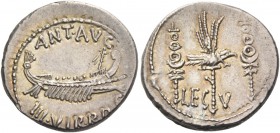 Marcus Antonius. Denarius, mint moving with M. Antony 32-31, AR 3.68 g. ANT AVG – III·VIR·R·P·C Galley r., with sceptre tied with fillet on prow. Rev....