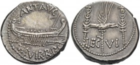 Marcus Antonius. Denarius, mint moving with M. Antony 32-31, AR 3.65 g. ANT AVG - III·VIR·R·P·C Galley r., with sceptre tied with fillet on prow. Rev....