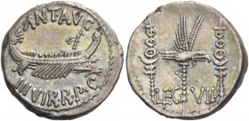 Marcus Antonius. Denarius, mint moving with M. Antony 32-31, AR 3.77 g. ANT AVG - III·VIR·R·P·C Galley r., with sceptre tied with fillet on prow. Rev....
