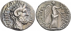 M. Antonius with M. Pinarius Scarpus. Denarius, Cyrenaica 31, AR 3.53 g. M·ANTO COS III – IMPIIII Head of Jupiter Ammon r. Rev. ANTONIO / AVG – P / SC...
