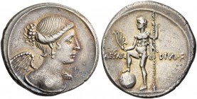 Octavian, 32 – 27 BC. Denarius, Brundisium or Roma circa 32-29, AR 3.77 g. Bust of Victory r., with spread wings. Rev. CAESAR – DIVI F Naked male figu...