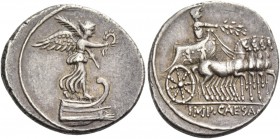 Octavian, 32 – 27 BC. Denarius, Brundisium or Roma 29-27 BC, AR 3.78 g. Victory standing r. on prow, holding wreath and palm branch. Rev. Octavian in ...