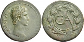 Octavian as Augustus, 27 BC – 14 AD. Sestertius, Pergamum circa 25, Æ 24.06 g. AVGVSTVS Bare head r. Rev. C·A in dotted circle within laurel wreath. C...