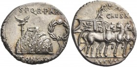 Octavian as Augustus, 27 BC – 14 AD. Denarius, Colonia Patricia circa 18 BC, AR 3.36 g. S P Q R PAR[EN] / CONS SVO Toga picta over tunica palmata betw...