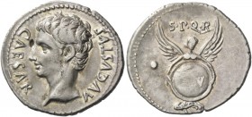 Octavian as Augustus, 27 BC – 14 AD. Denarius, Colonia Patricia (?) circa 19 BC, AR 3.81 g. CAESAR – AVGVSTVS Bare head l. Rev. SPQR Victory to front,...
