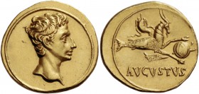 Octavian as Augustus, 27 BC – 14 AD. Aureus, Colonia Patricia circa 18-17/16, AV 7.87 g. Bare head r. Rev. Capricorn r., holding globe over rudder; ab...